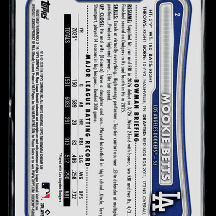 2026 Bowman Chrome Mookie Betts #2 Green Refractor /99