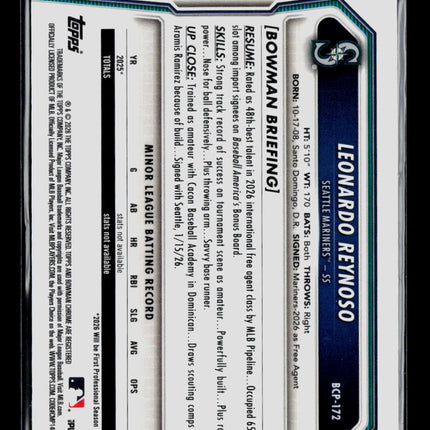 2026 Bowman Chrome Leonardo Reynoso #BCP-172 Green Shimmer Refractor 66/99