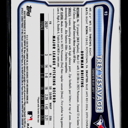 2026 Topps Bowman Chrome Trey Yesavage #93 Blue Wave Refractor RC 19/150
