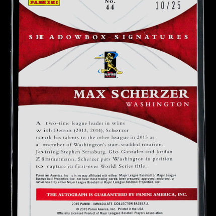 2015 Panini Immaculate Collection Max Scherzer #44 10/25 Auto