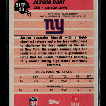 2026 Topps Jaxson Dart #91TF-33 Purple