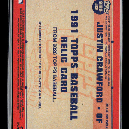 2026 Topps Baseball Justin Crawford #91TRU-JCR Blue Player-Worn Memorabilia RC