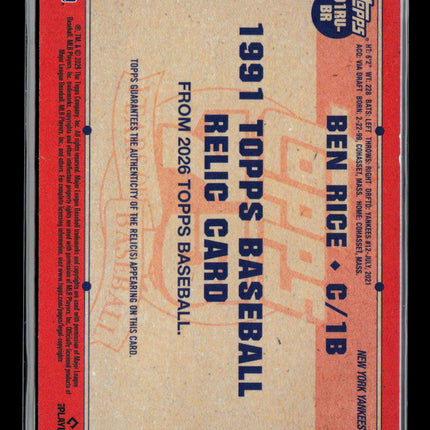 2025 Topps Ben Rice #91RU-BR 1991 Baseball Relic Player-Worn Memorabilia