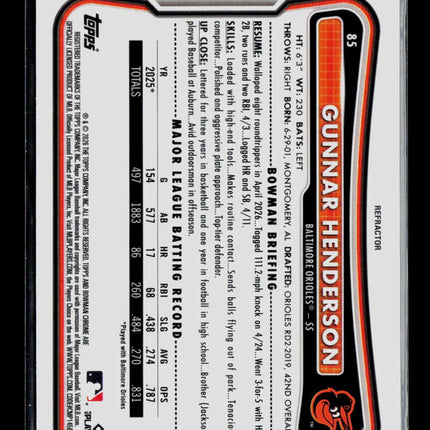 2026 Bowman Chrome Gunnar Henderson #85 Refractor 471/499