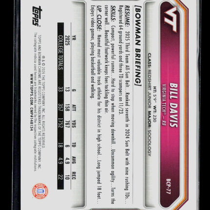 2026 Bowman Chrome University Bill Davis #BCP-77 Orange 03/25