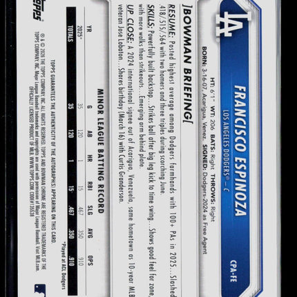 2026 Topps Bowman Chrome Francisco Espinoza #CPA-FE Packfractor Auto /89