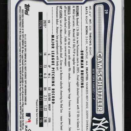 2026 Topps Bowman Chrome Cam Schlittler #29 RC Red logo
