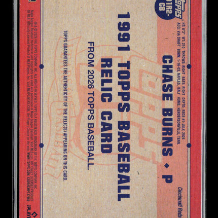 2026 Topps Chase Burns #91R2-CB Blue Player-Worn Memorabilia Relic 044/150 RC