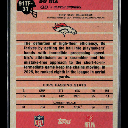 2026 Topps 1991 Topps Football Bo Nix #91TF-31 Silver Fractal