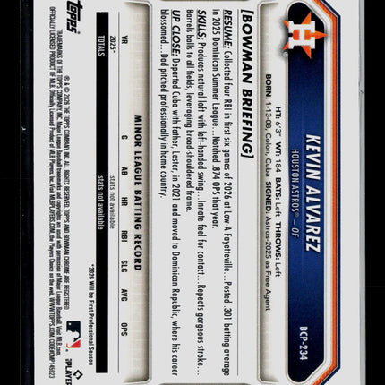 2026 Bowman Chrome Kevin Alvarez #BCP-234 Purple Shimmer Refractor 130/250