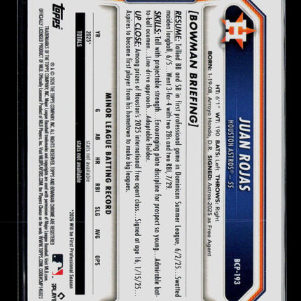 2026 Bowman Chrome Juan Rojas #BCP-193 Purple 32/250