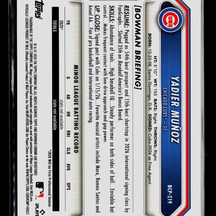 2026 Bowman Chrome Yadier Muñoz #BCP-219 Blue 142/150