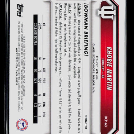 2026 Bowman Chrome University Football Khobie Martin #BCP-63 Refractor 482/499