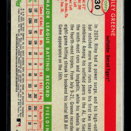 2025 Topps Heritage Baseball Riley Greene #30 Purple Sonar 028/250