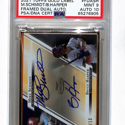 2021 Topps Gold Label Framed Auto Mike Schmidt Bryce Harper /10 PSA 9 Auto 10
