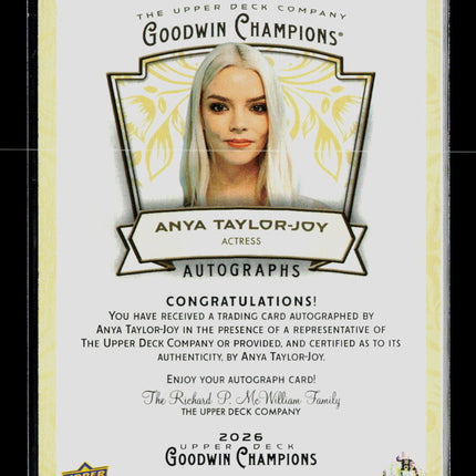 2026 Upper Deck Goodwin Champions Anya Taylor Joy Furiosa Inscription Auto /25