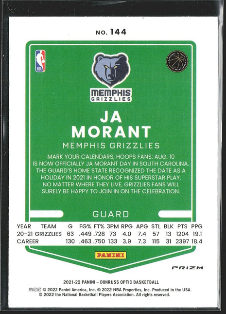 2021-22 Ja Morant Optic Green Red Choice #144 Grizzlies