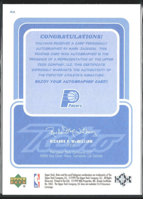 1999 Mark jackson UD Inkredible Auto #MA Pacers