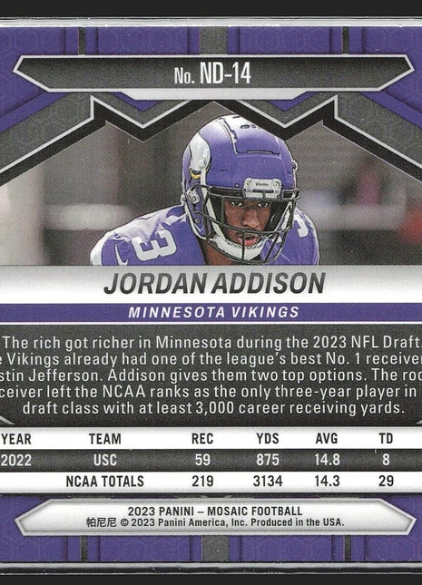 2023 Jordan Addison Mosaic NFL Debut Rc Rookie #14 Vikings