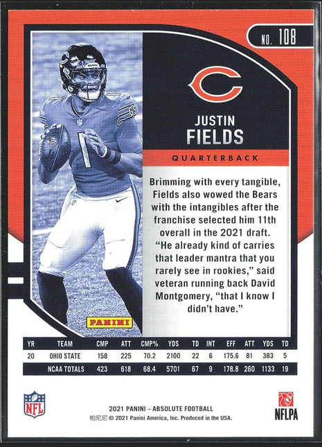 2021 Justin Fields Absolute Rc Rookie #108 Bears