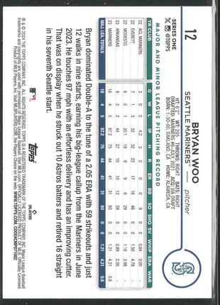 2024 Bryan Woo Topps Series 1 Rc Rookie #12 Mariners