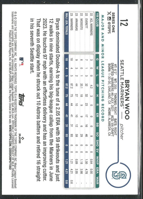 2024 Bryan Woo Topps Series 1 Rc Rookie #12 Mariners