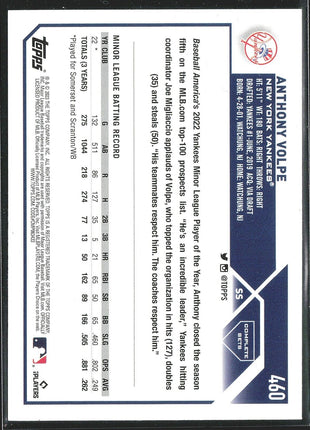 2023 Anthony Volpe Topps Complete Sets Rc Rookie #460 Yankees