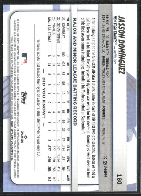 2024 Jasson Dominguez Topps Big League Rc Rookie #160 Yankees
