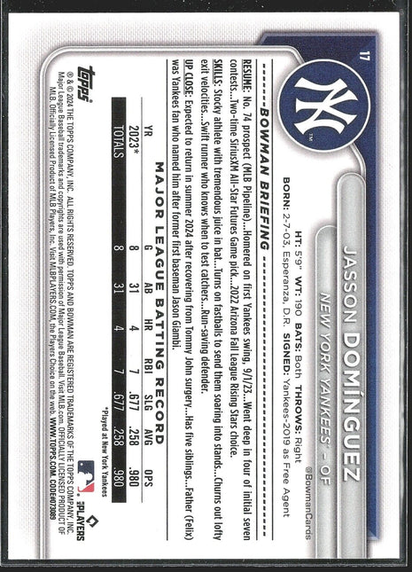 2024 Jasson Dominguez Bowman Paper Rc Rookie #17 Yankees