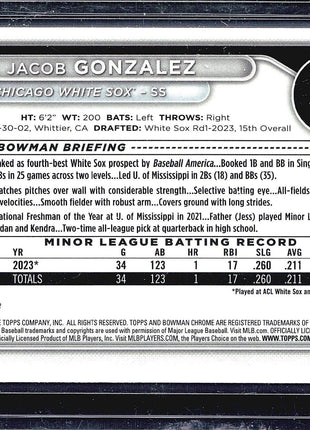 2024 Bowman Chrome Prospects #BCP-41 Jacob Gonzalez (RC) Gold Refractor /50