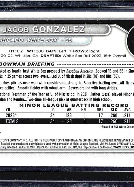 2024 Bowman Chrome Prospects #BCP-41 Jacob Gonzalez (RC) Gold Refractor /50