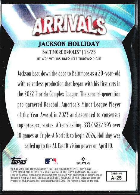 2024 Topps Finest - Arrivals #A-25 Jackson Holliday (RC)