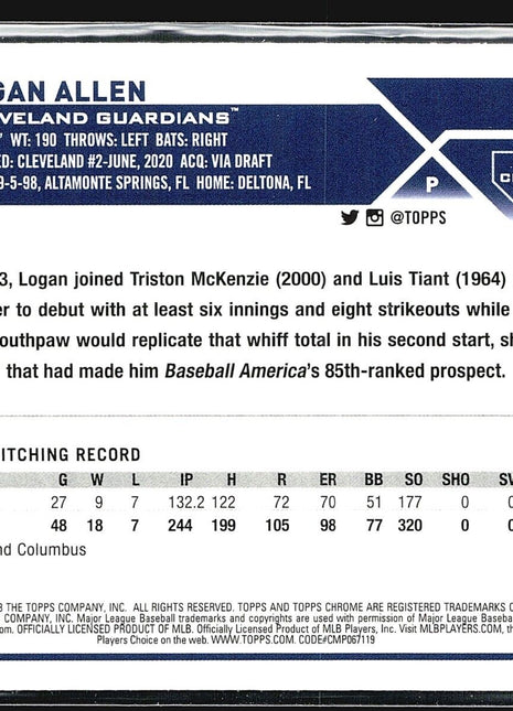 2023 Topps Chrome Update Series - #USC186 Logan Allen (RC) Refractor