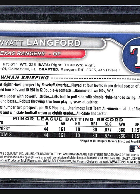 2024 Bowman - Prospects #BP-64 Wyatt Langford (RC) Green /99