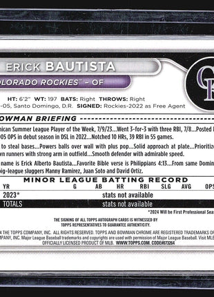 2024 Bowman Chrome Prospect Auto #CPA-EB Erick Bautista (AU, RC) Yellow /75