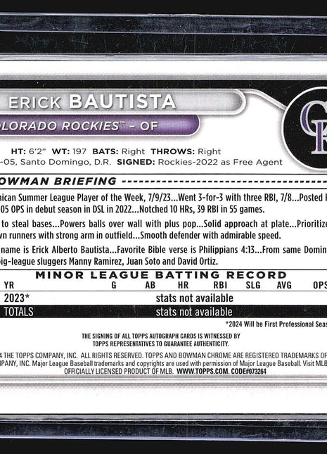 2024 Bowman Chrome Prospect Auto #CPA-EB Erick Bautista (AU, RC) Yellow /75
