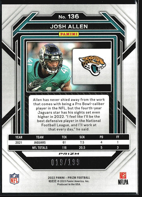 2022 Panini Prizm - Blue Wave Prizm #136 Josh Allen /199