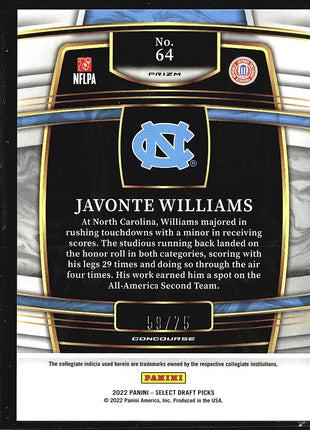 2022 Panini Select Draft Picks - Concourse #64 Javonte Williams Purple /75