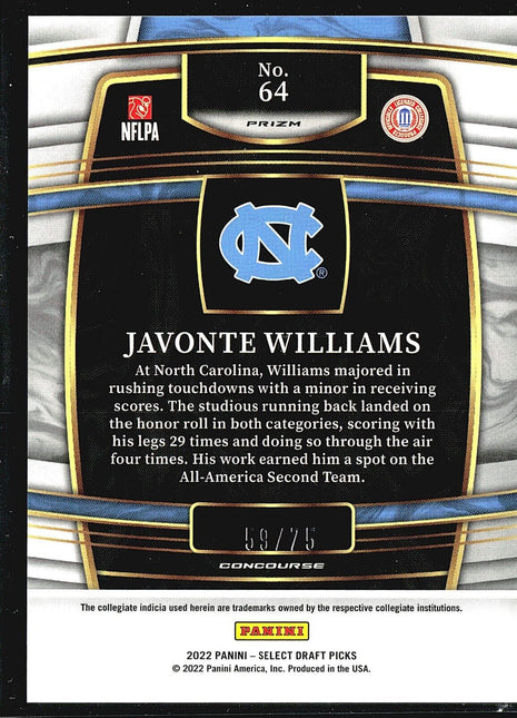 2022 Panini Select Draft Picks - Concourse #64 Javonte Williams Purple /75