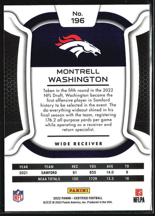 2022 Panini Certified Red Rookies #196 Montrell Washington /99 (RC)