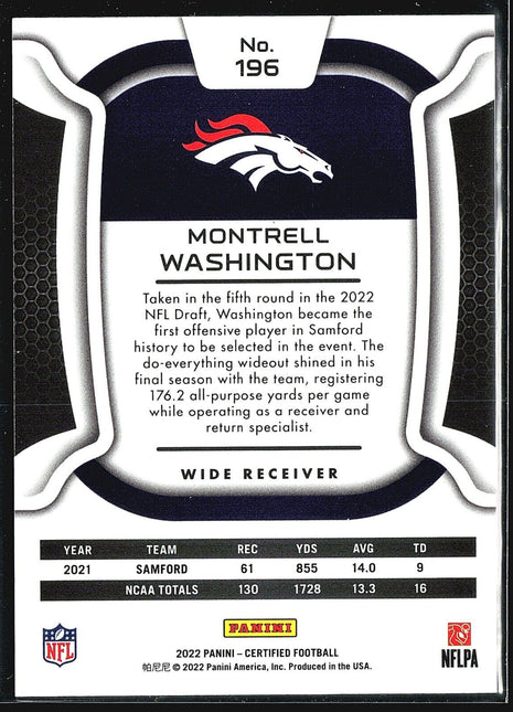 2022 Panini Certified Red Rookies #196 Montrell Washington /99 (RC)