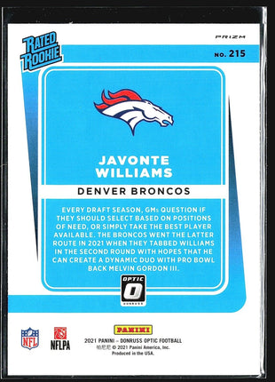 2021 Panini Optic Rated Rookie Javonte Williams #215 Brown