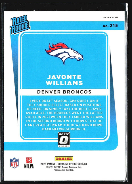 2021 Panini Optic Rated Rookie Javonte Williams #215 Brown
