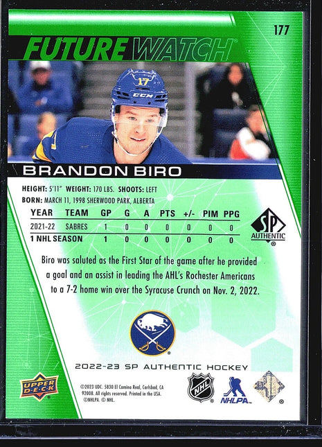 2022-23 SP Authentic - Future Watch Limited Green #177 Brandon Biro /199 (RC)