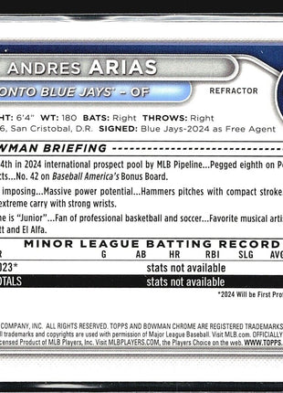 2024 Bowman Chrome 1st Prospects #BCP-236 Andres Arias (RC) /499