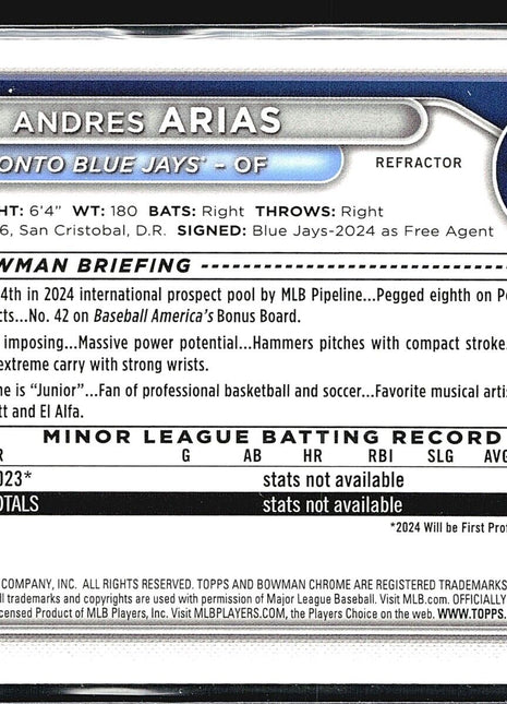 2024 Bowman Chrome 1st Prospects #BCP-236 Andres Arias (RC) /499