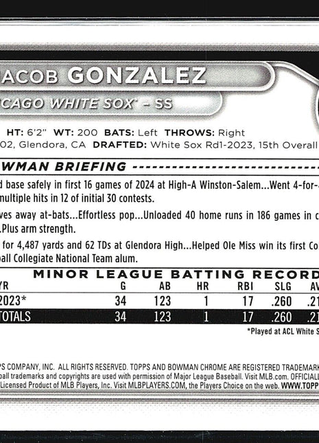 2024 Bowman Chrome 1st Auto Jacob Gonzalez #BCP-242 Green Shimmer /99