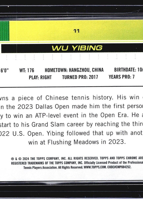 2024 Topps Chrome Tennis Sapphire Purple Wu Yibing #11 /10