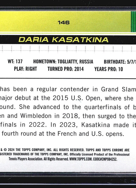 2024 Topps Chrome Tennis Sapphire Green Daria Kasatkina #146 /99