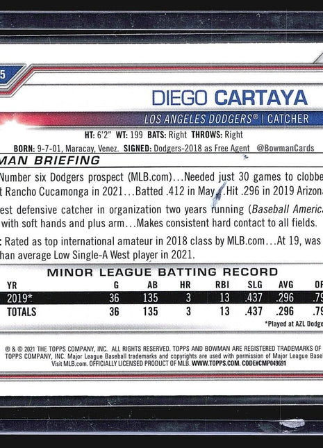 2021 Bowman Draft - Chrome #BDC-155 Diego Cartaya (RC) Sapphire